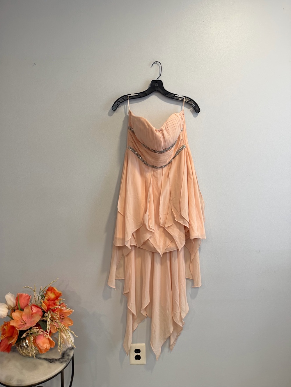 Windsor Blush Peach Strapless Embellished Waist Cascade High-Low Dress - Size L